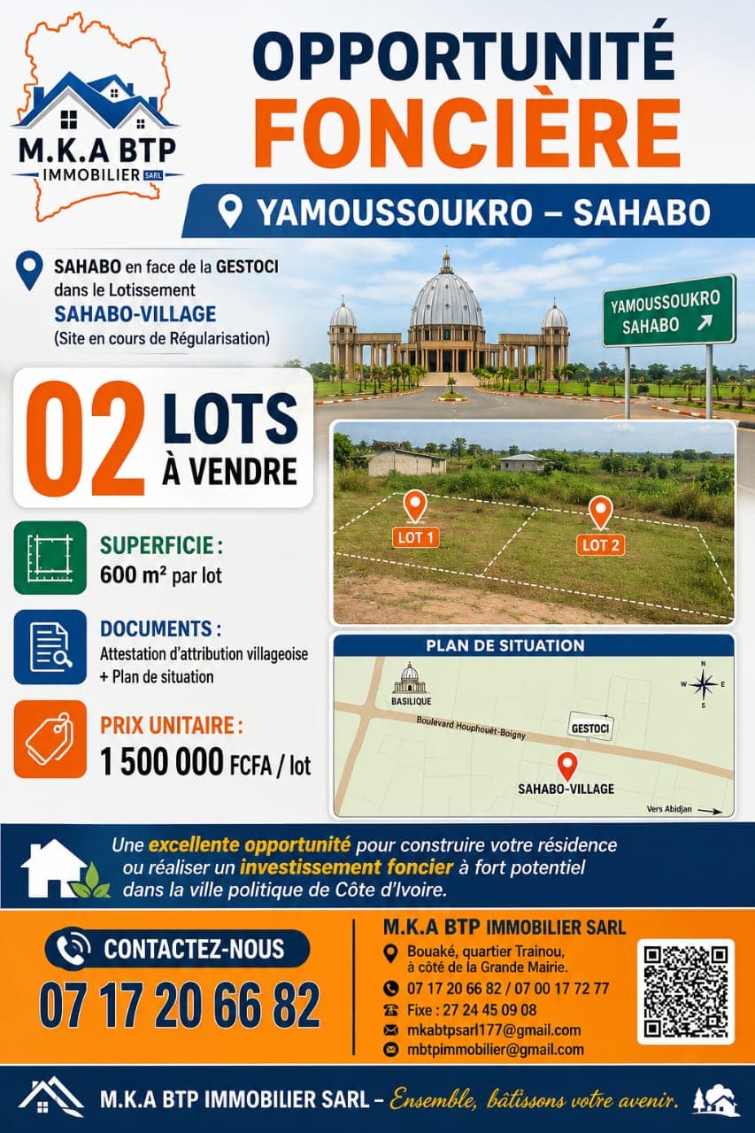 Terrain de 600 m² à vendre à Sahabo (Yamoussoukro)
