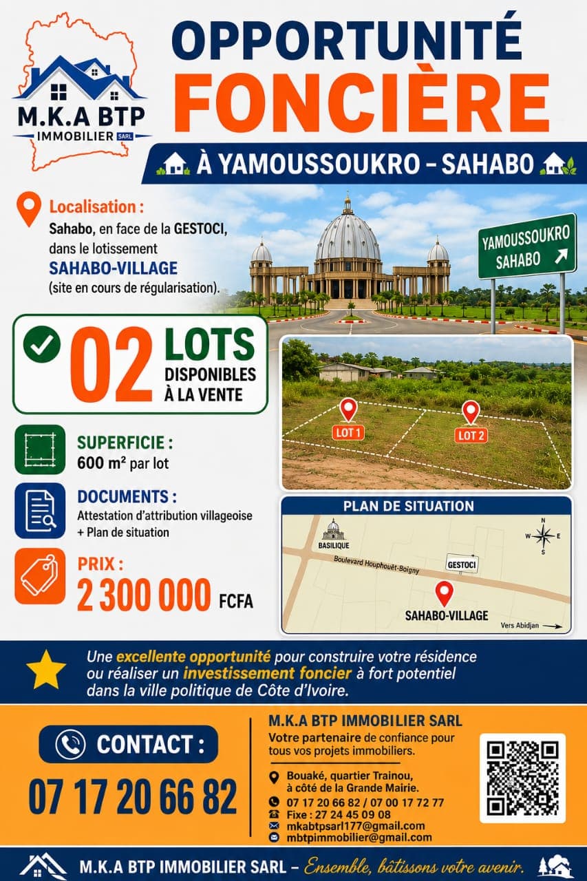 Terrain de 600 m² à vendre à Sahabo (Yamoussoukro)
